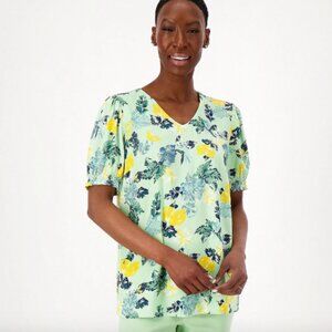 Denim & Co. Printed Blouse with Smocked Sleeve Cuff , Sage Sz a602890